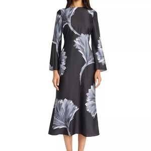 Donna Morgan Printed Floral Long Sleeve Midi Dress Floral Black Gray Womens 14
